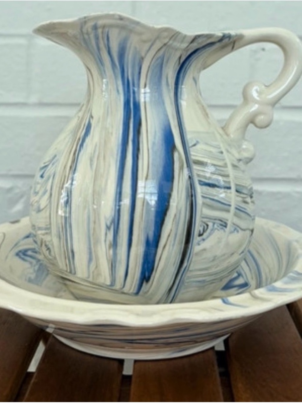 Blue Marble Ceramic Pitcher and Basin Set - Home Art